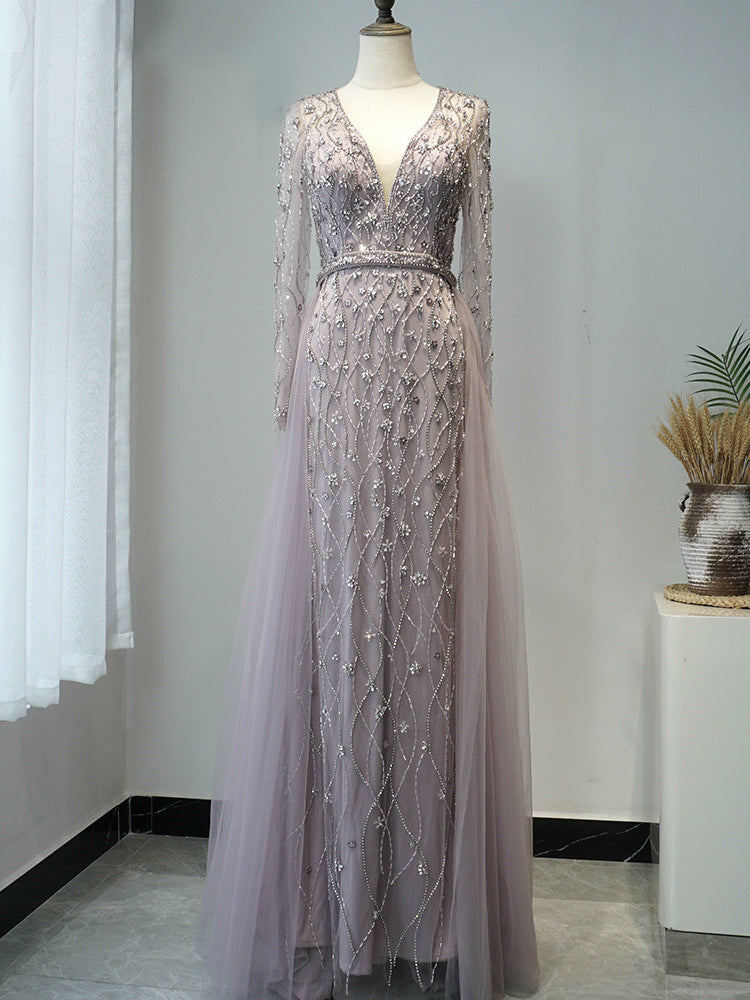Luxury V neck Long Sleeve Prom Dress Elegant Evening Dress Formal Gown SC098 - Us Size 2 / Lilac Luxury V neck Long Sleeve Prom Dress Elegant Evening Dress Formal Gown SC098 - Us Size 2 / Lilac