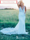Mermaid Beach Wedding Dresses V-neck Sweep Train Rustic Lace Bridal Gown SEW029|Selinadress
