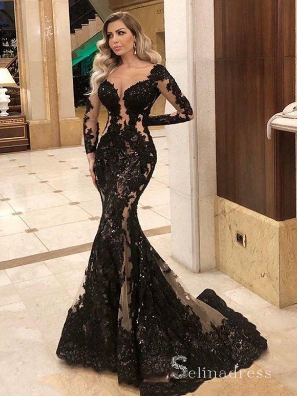 Mermaid Black Long Sleeve See Through Long Prom Dresses Cheap Evening Dress MHL165