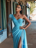 Mermaid Blue One Shoulder Long Sleeve Prom Dresses Beaded Evening Dresses MLH1218|Selinadress