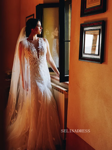 Mermaid Deep V neck Applique Lace Rustic Wedding Dress For Bride JKP010|Selinadress