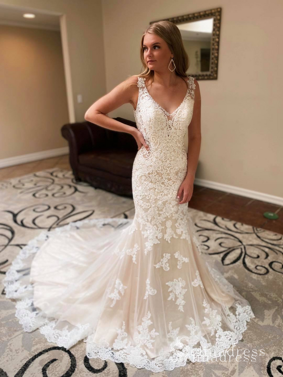 Deep V-Neck Open Back Long White Wedding Dress with Lace – FancyVestido