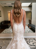 Mermaid Deep V neck Open Back Wedding Dresses Rustic Lace Bridal Gowns CBD497|Selinadress