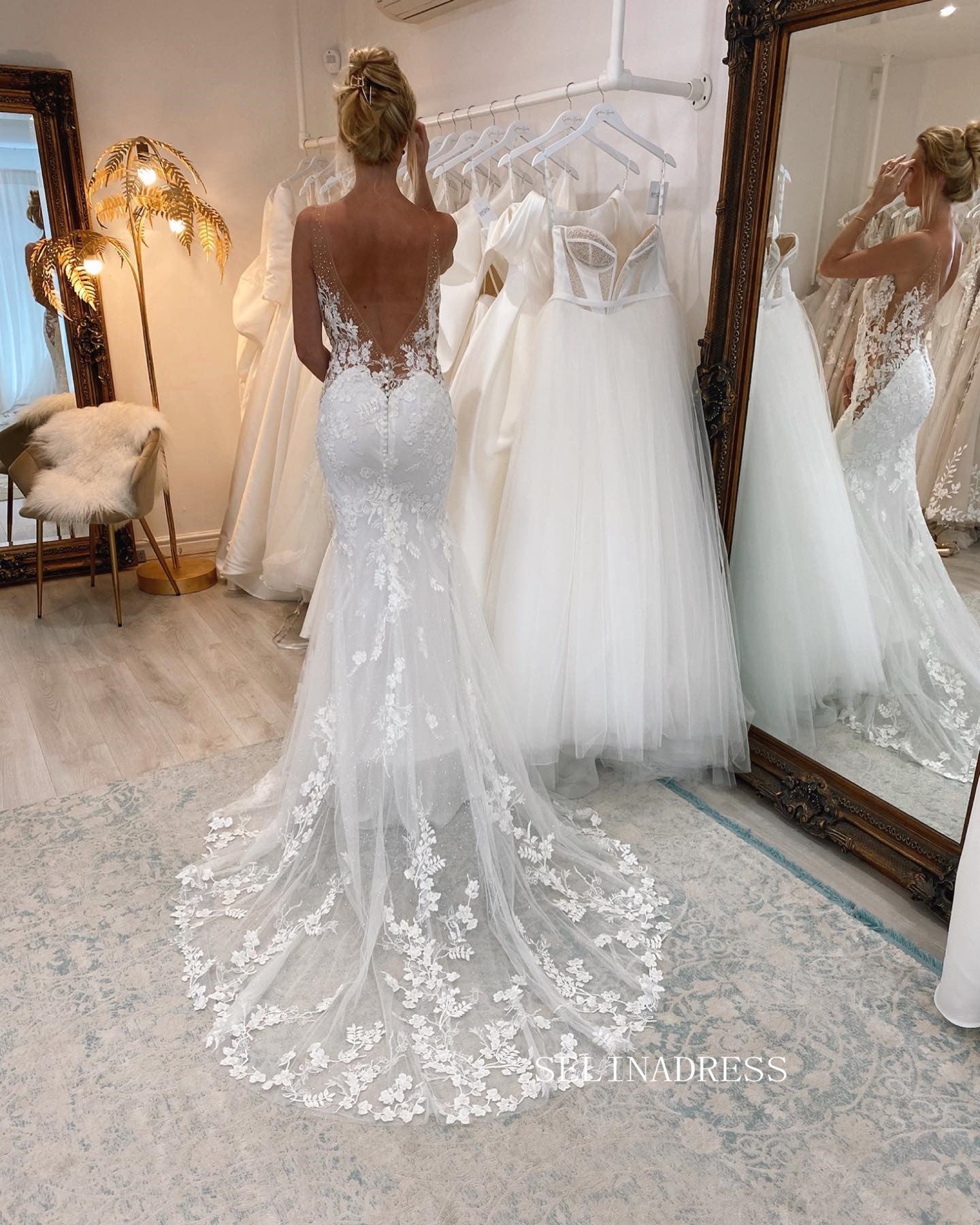 Mermaid Deep V neck Wedding Dresses Romantic 3D Floral Lace Bidal