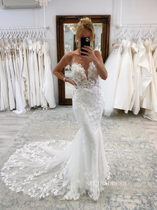 Mermaid Deep V neck Wedding Dresses Romantic 3D Floral Lace Bidal Dresses JKP015|Selinadress