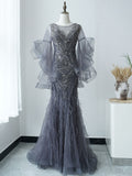 Mermaid Falbala Sleeve Feather Prom Dress luxury Dubai Evening Formal Gown SC035