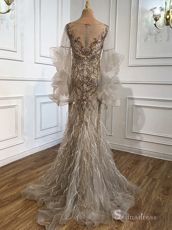 Mermaid Falbala Sleeve Feather Prom Dress luxury Dubai Evening Formal SELINADRESS Mermaid Falbala Sleeve Feather Prom Dress luxury Dubai Evening Formal SELINADRESS