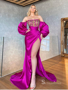 Mermaid Fuchsia Off-the-shoulder Long Prom Dresses Thigh Split Evening Dresses MLK011|Selinadress