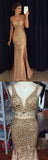 Mermaid Gold Sparkly Long Prom Dresses Beaded Formal Dress Silt Sexy Evening Dress SED029