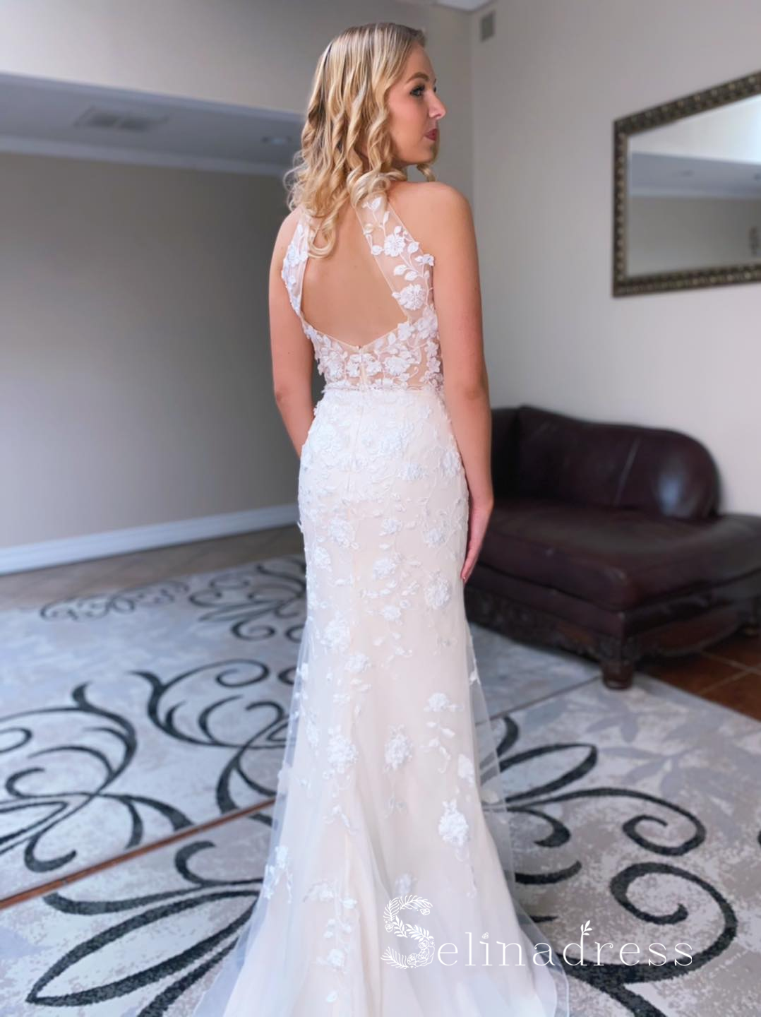 Mermaid Halter V neck 3D Lace Rustice Wedding Dresses CBD492 SELINADRESS Mermaid Halter V neck 3D Lace Rustice Wedding Dresses CBD492 SELINADRESS