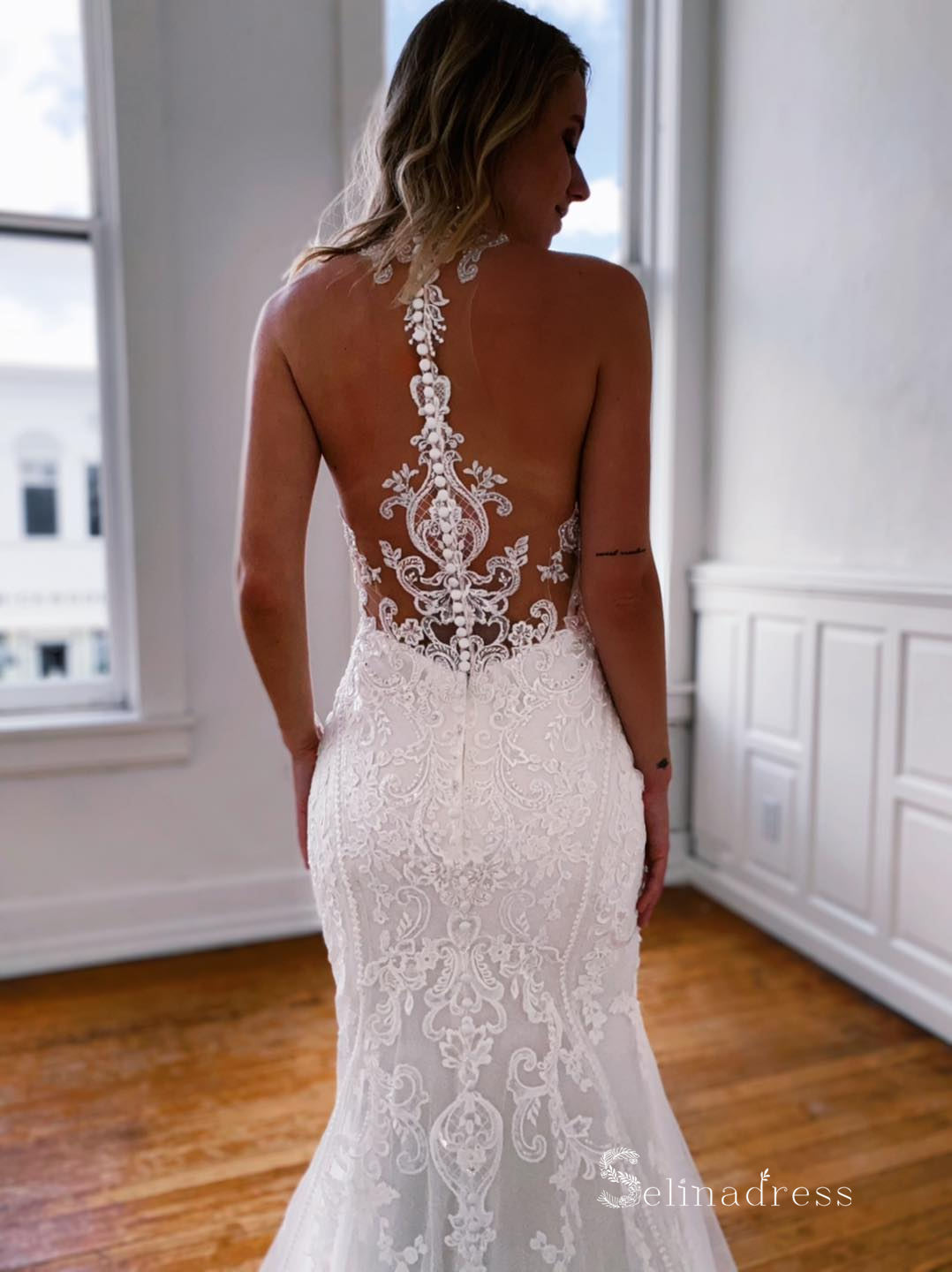 Mermaid Halter Vintage Lace Wedding Dresses Rustic Bridal Gowns CBD499 SELINADRESS Mermaid Halter Vintage Lace Wedding Dresses Rustic Bridal Gowns CBD499 SELINADRESS