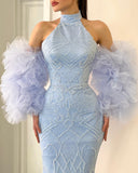 Mermaid High Neck African Long Prom Dress Light Sky Blue Beaded Pageant Dress Evening Dress #POL126|Selinadress