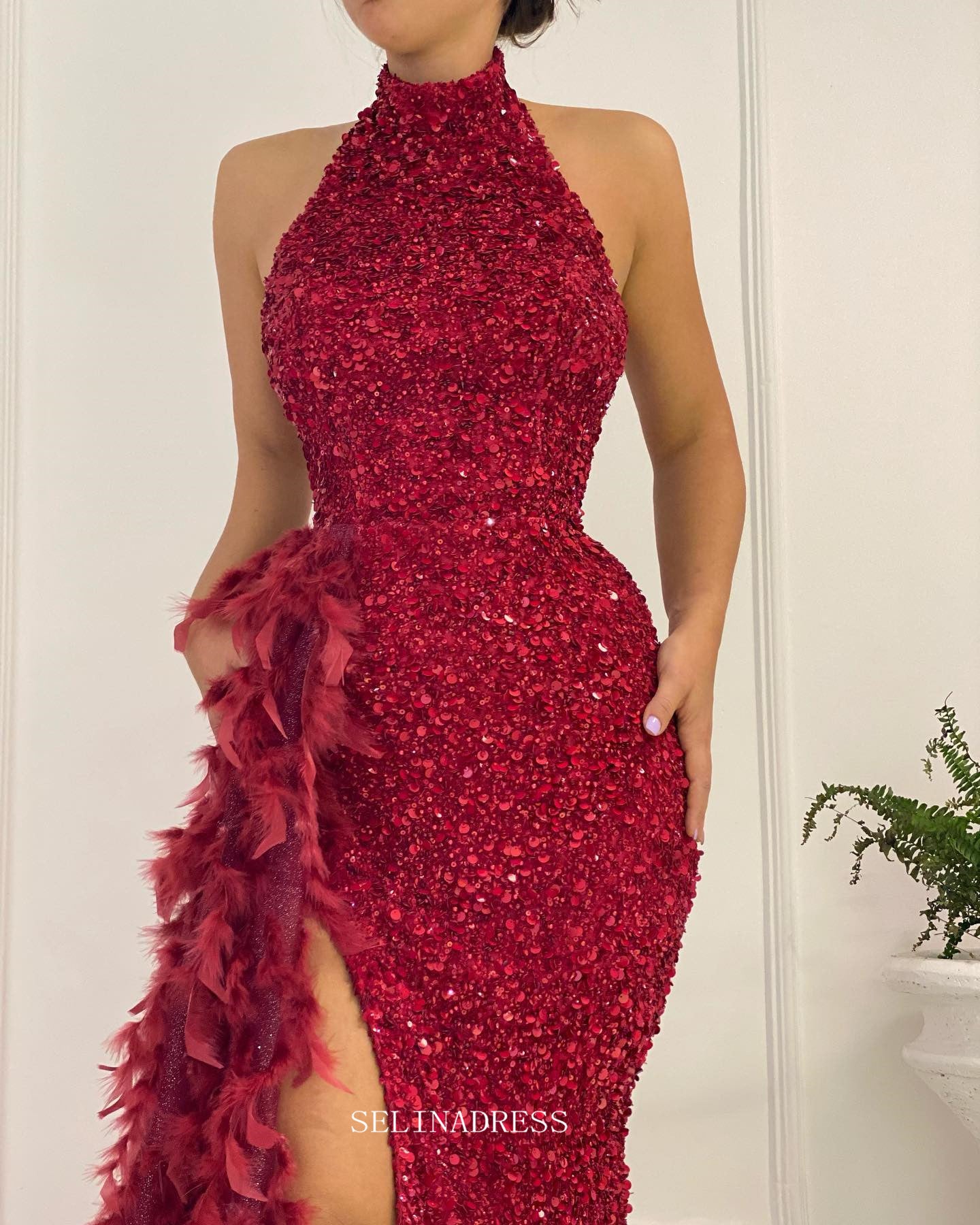 Mermaid High Neck Burgundy African Prom Dress Sequins Feather Long Eve – SELINADRESS
