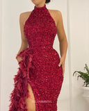 Mermaid High Neck Burgundy African Prom Dress Sequins Feather Long Evening Gowns Formal Dress #POL118|Selinadress