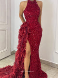 Mermaid High Neck Burgundy African Prom Dress Sequins Feather Long Evening Gowns Formal Dress #POL118|Selinadress