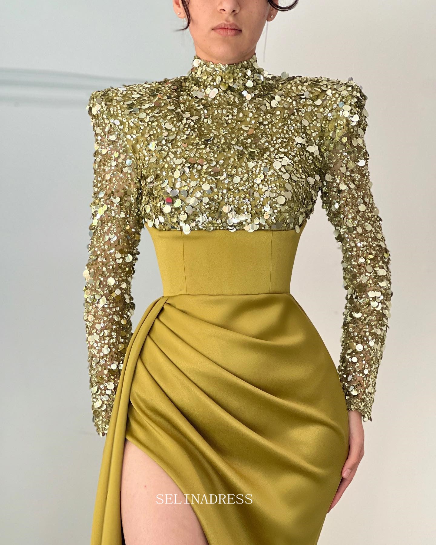 Mermaid High Neck Mustard Yellow African Prom Dress Sequins Long Eveni SELINADRESS Mermaid High Neck Mustard Yellow African Prom Dress Sequins Long Eveni SELINADRESS