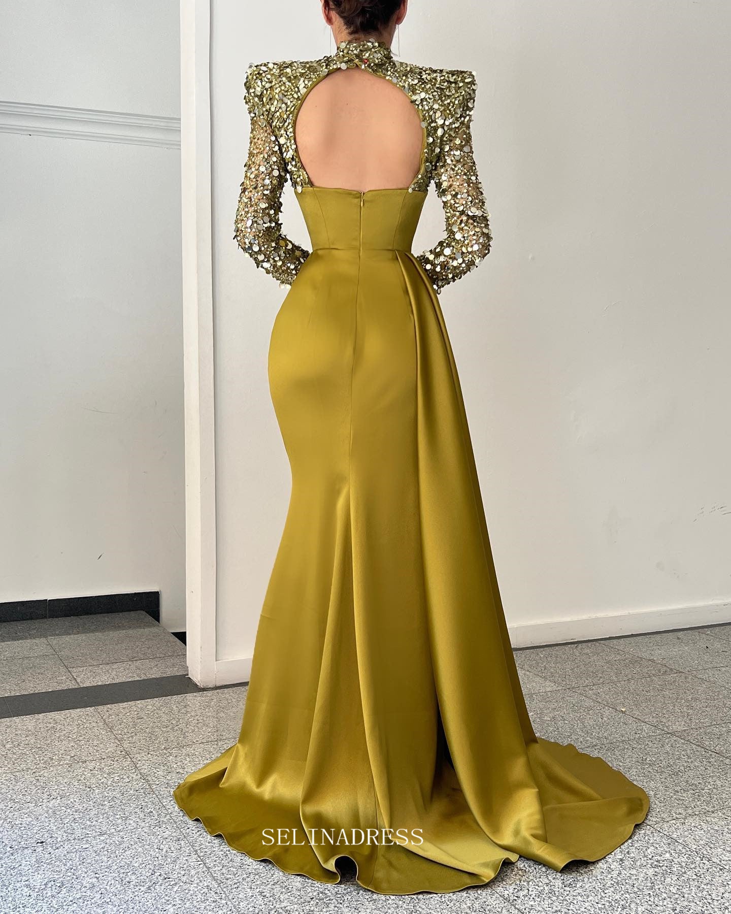 Mermaid High Neck Mustard Yellow African Prom Dress Sequins Long Eveni SELINADRESS Mermaid High Neck Mustard Yellow African Prom Dress Sequins Long Eveni SELINADRESS