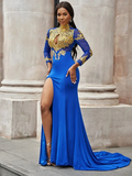 Mermaid High Neck Royal Blue African Prom Dress Gold Applique Evening Gowns #POL038|Selinadress