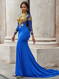 Mermaid High Neck Royal Blue African Prom Dress Gold Applique Evening Gowns #POL038|Selinadress