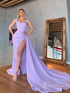 Mermaid Lilac Straps Long Prom Dresses Thigh Split Simple Evening Dresses MLK010|Selinadress