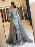 Mermaid Long Sleeve Black Lace Long Prom Dresses Cheap Evening Dress MHL166