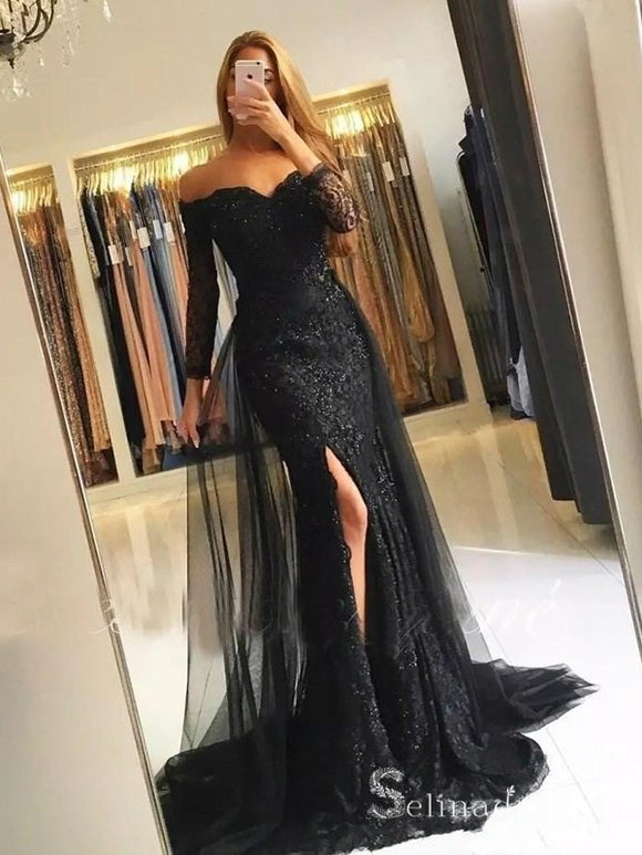 Mermaid Long Sleeve Black Lace Long Prom Dresses Cheap Evening Dress MHL166|Selinadress