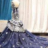 Mermaid Navy Blue V neck Handmade Flowers Applique Formal Gowns Evening Dress Dresses #SED214
