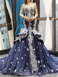 Mermaid Navy Blue V neck Handmade Flowers Applique Formal Gowns Evening Dress Dresses #SED214