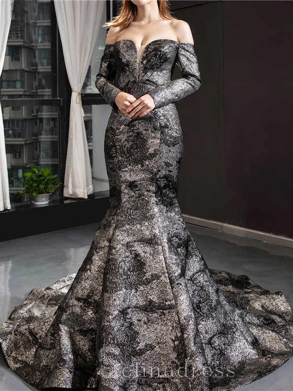 Mermaid Off Shoulder Black Long Sleeves Evening Dresses Custom