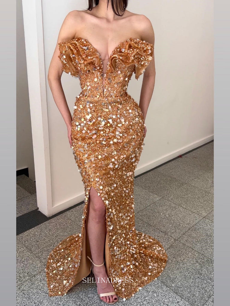 mermaid african prom dresses Mermaid Off the Shoulder African Long Prom Dress Saprkly Sequins Pagea –  SELINADRESS
