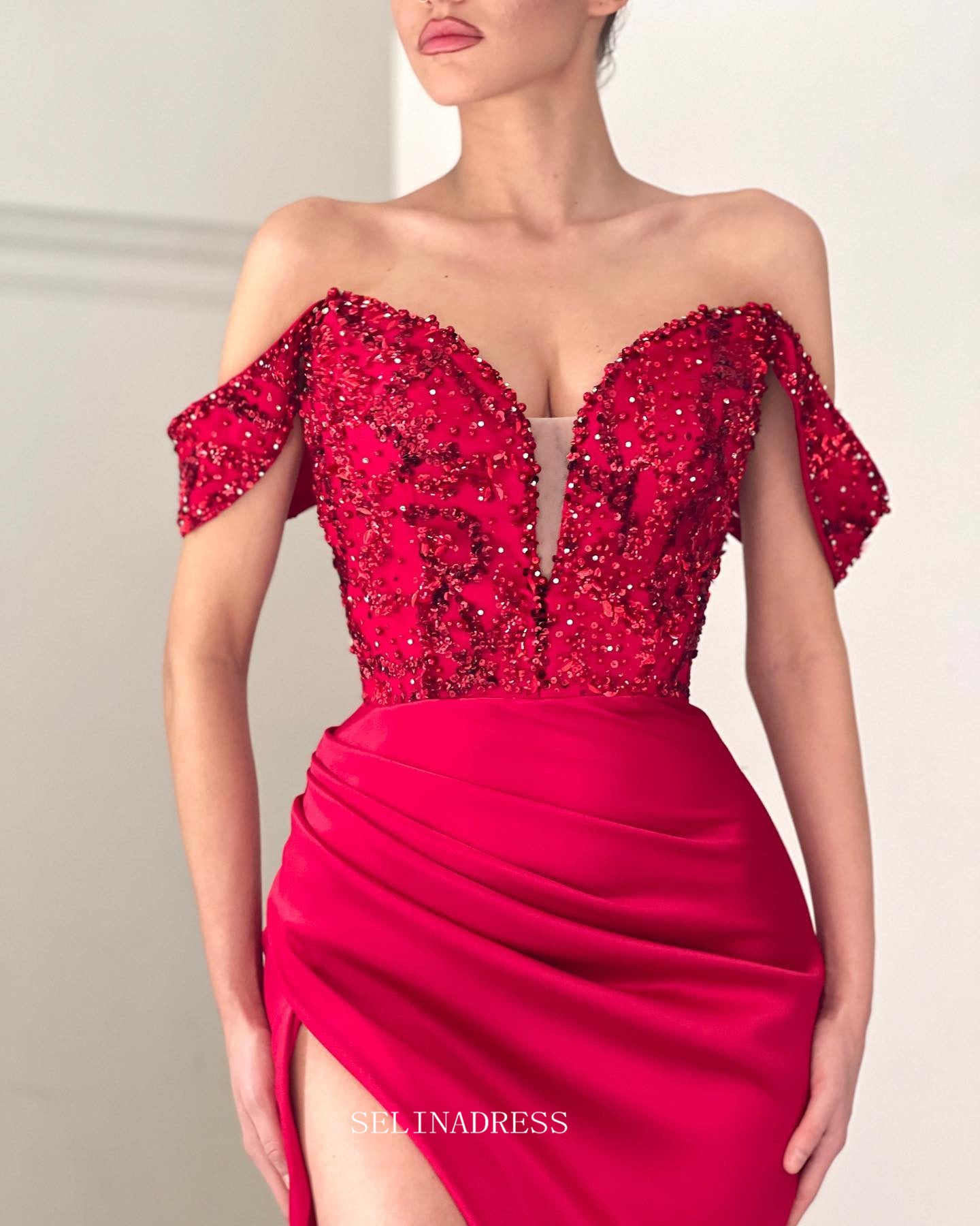 Mermaid Off the Shoulder African Prom Dress Red Sequins Long Evening F SELINADRESS Mermaid Off the Shoulder African Prom Dress Red Sequins Long Evening F SELINADRESS