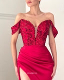 Mermaid Off the Shoulder African Prom Dress Red Sequins Long Evening Formal Dress #POL123|Selinadress