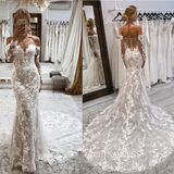 Mermaid Off-the-shoulder Applique Lace Wedding Dresses Rustic Wedding Gown Bridal Dress jkw236|Selinadress