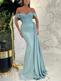 Mermaid Off The Shoulder Blue Prom Dress Sequins Cheap Evening Gowns #POL041|Selinadress
