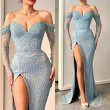 Mermaid Off The Shoulder Blue Prom Dress Sparkly Beaded Evening Gowns #POL040|Selinadress