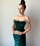 Mermaid Off-the-shoulder Dark Green Prom Dress Beaded Thigh Split Evening Dresses RYU001|Selinadress