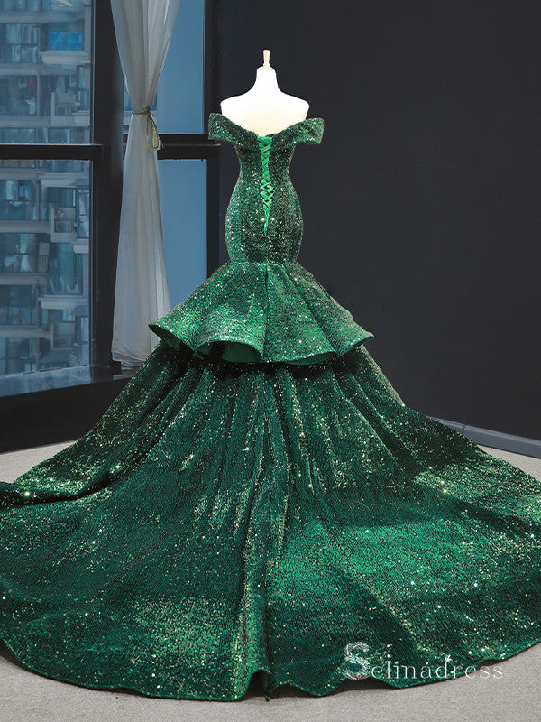 Mermaid Off-the-shoulder Dark Green Sequins Long Prom Dress Shiny Even SELINADRESS Mermaid Off-the-shoulder Dark Green Sequins Long Prom Dress Shiny Even SELINADRESS