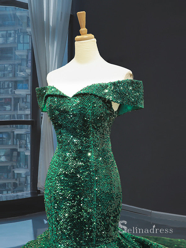 Mermaid Off-the-shoulder Dark Green Sequins Long Prom Dress Shiny Even SELINADRESS Mermaid Off-the-shoulder Dark Green Sequins Long Prom Dress Shiny Even SELINADRESS