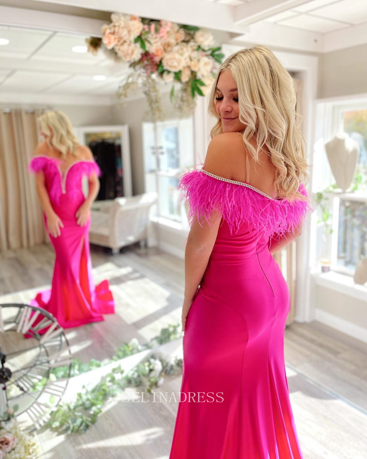 Mermaid Off-the-shoulder Fuchsia Long Prom Dress Satin Formal Dresses SELINADRESS Mermaid Off-the-shoulder Fuchsia Long Prom Dress Satin Formal Dresses SELINADRESS