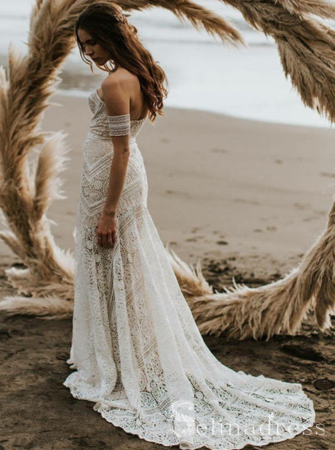 Mermaid Off-the-shoulder Ivory Lace Beach Wedding Dress Rustic Boho Bride Gowns SEW003 Mermaid Off-the-shoulder Ivory Lace Beach Wedding Dress Rustic Boho Bride Gowns SEW003