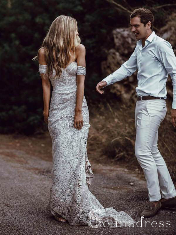 Mermaid Off-the-shoulder Ivory Lace Beach Wedding Dress Rustic Boho Bride Gowns SEW003 Mermaid Off-the-shoulder Ivory Lace Beach Wedding Dress Rustic Boho Bride Gowns SEW003