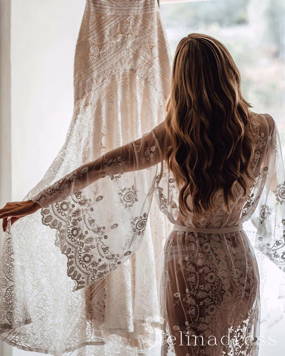 Mermaid Off-the-shoulder Ivory Lace Beach Wedding Dress Rustic Boho Bride Gowns SEW003|Selinadress SELINADRESS Mermaid Off-the-shoulder Ivory Lace Beach Wedding Dress Rustic Boho Bride Gowns SEW003|Selinadress SELINADRESS