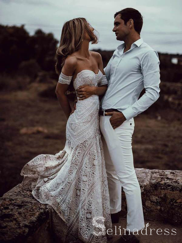 Mermaid Off-the-shoulder Ivory Lace Beach Wedding Dress Rustic Boho Bride Gowns SEW003|Selinadress SELINADRESS Mermaid Off-the-shoulder Ivory Lace Beach Wedding Dress Rustic Boho Bride Gowns SEW003|Selinadress SELINADRESS