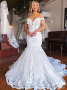 Mermaid Off-the-shoulder Lace Wedding Dresses White Wedding Gowns CBD486|Selinadress
