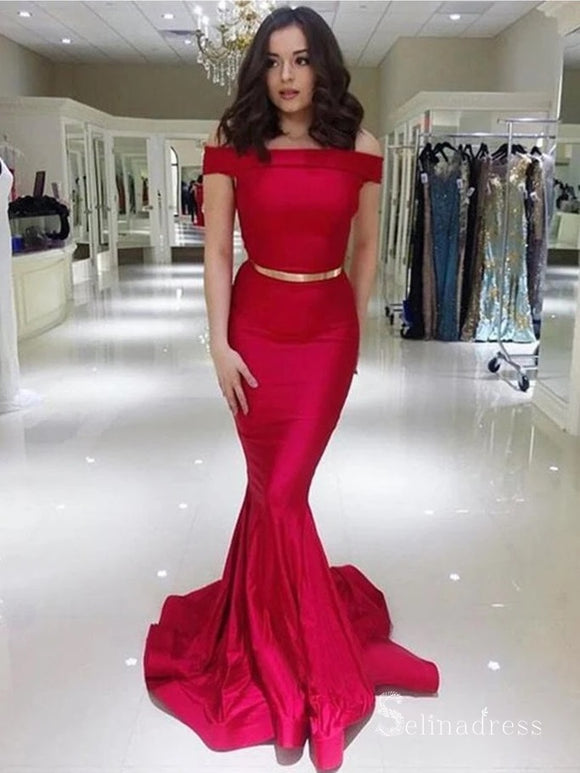 Mermaid Off-the-shoulder Red Long Prom Dresses Cheap Evening Dress CBD539|Selinadress