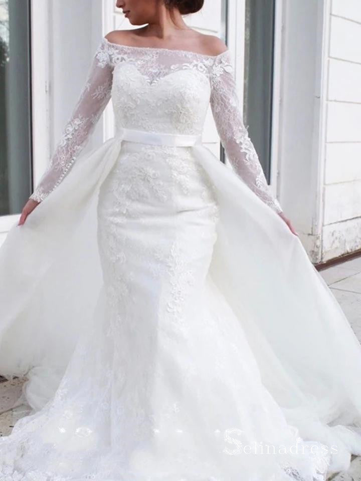 Mermaid Off-the-shoulder White Lace Wedding Dresses Long Sleeve Bridal Gowns CBD391|Selinadress