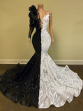 Mermaid One Shoulder African Long Prom Dress Black White Vintage Long Evening Formal Dress #POL054|Selinadress