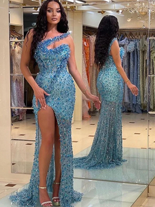 Mermaid One Shoulder Blue African Prom Dress Beaded Long Evening Gowns Formal Dress #POL033|Selinadress