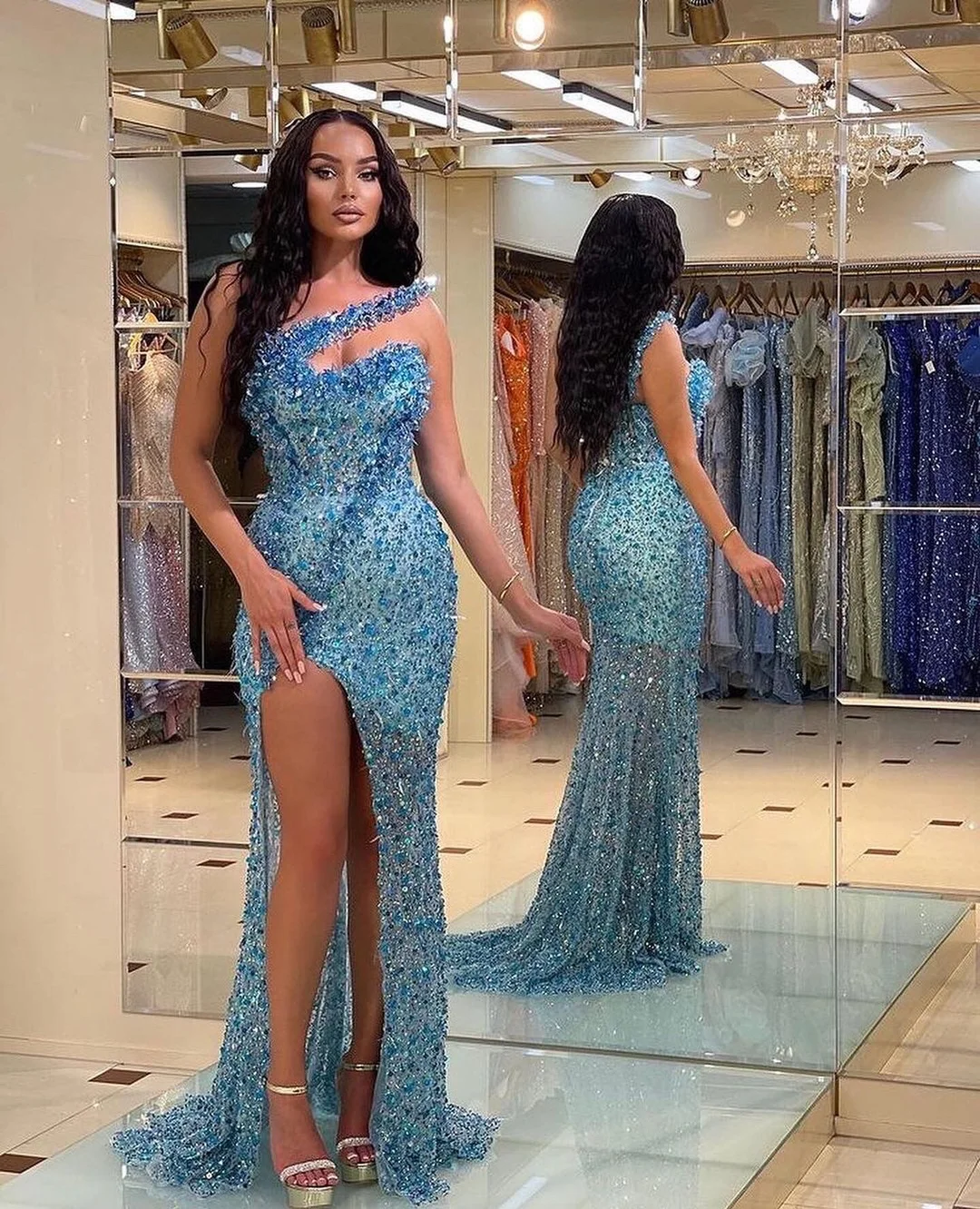 Mermaid One Shoulder Blue African Prom Dress Beaded Long Evening Gowns SELINADRESS Mermaid One Shoulder Blue African Prom Dress Beaded Long Evening Gowns SELINADRESS