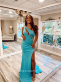 Mermaid One Shoulder Blue Long Prom Dress Sexy Satin Formal Dresses Evening Dress KPY040|Selinadress